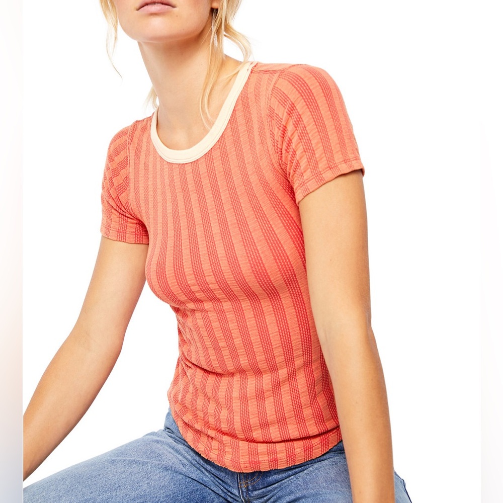 Free People Escape Ribbed Ringer Tee in Red Contrast- Size Small